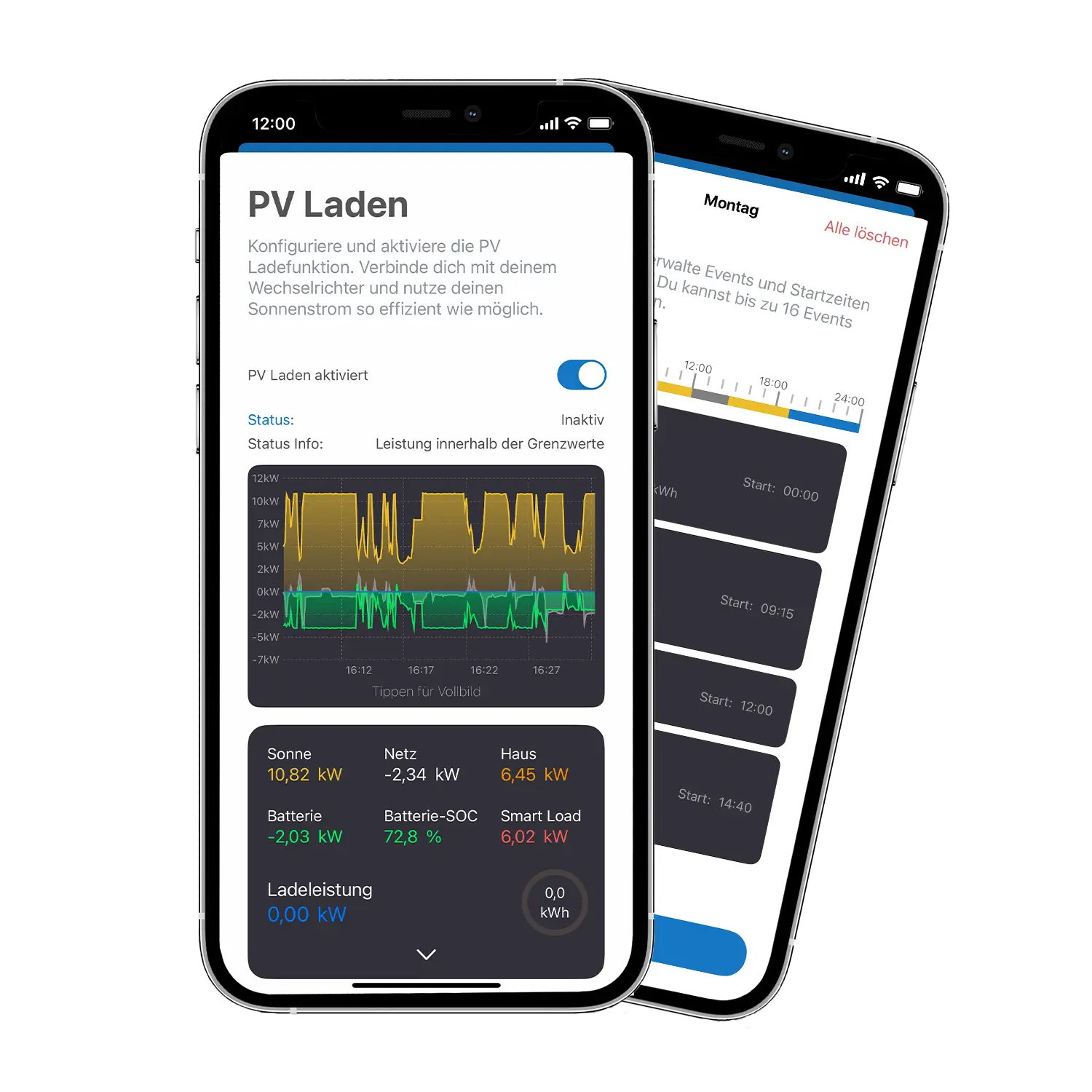 Smartphones mit geöffneter NRGkick-App zeigen Anpassung des PV-Überschussladens.